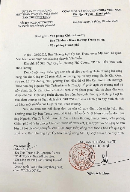 Đề nghị xét lại việc tặng Huân chương cho Công ty Kim Oanh